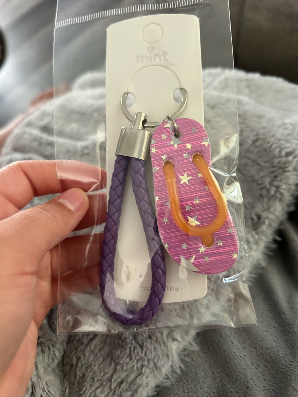 4/$50 Mint Purple Braided Keychain Loop with Pink Star Flip-Flop Charm